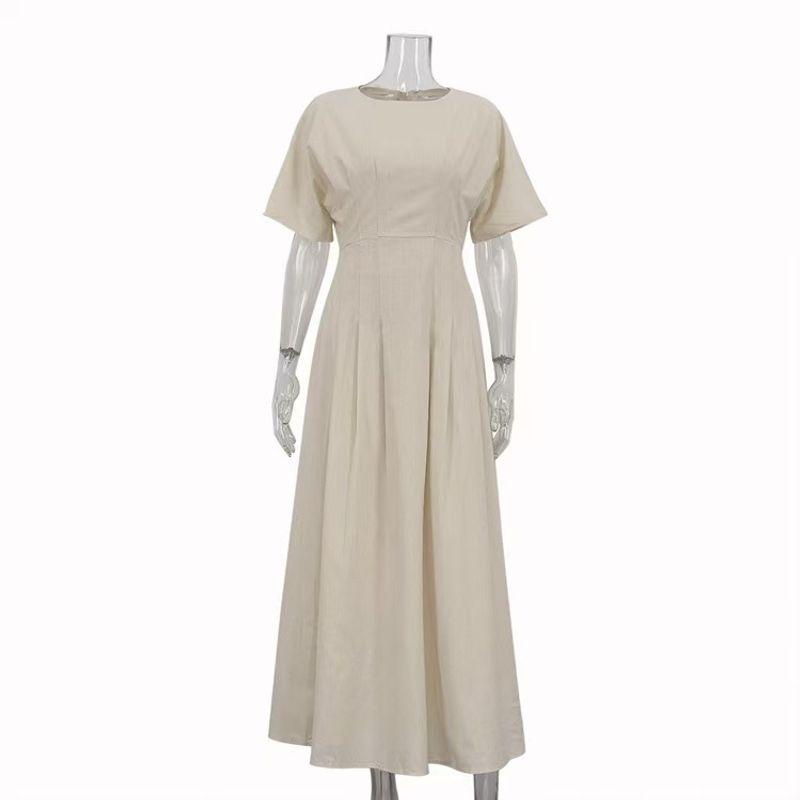 

Fashion New Arrival Casual round Neck Short Sleeves Waist-Tight Dress round Neck Short Sleeve Dress Apricot L