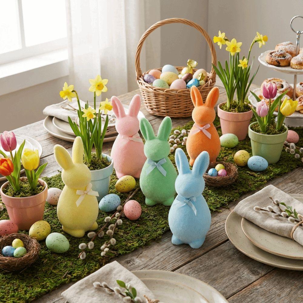 with Bow Easter Bunny Statue Plush Bunny Sculpture Handmade Bunny Ornaments  Home Decor