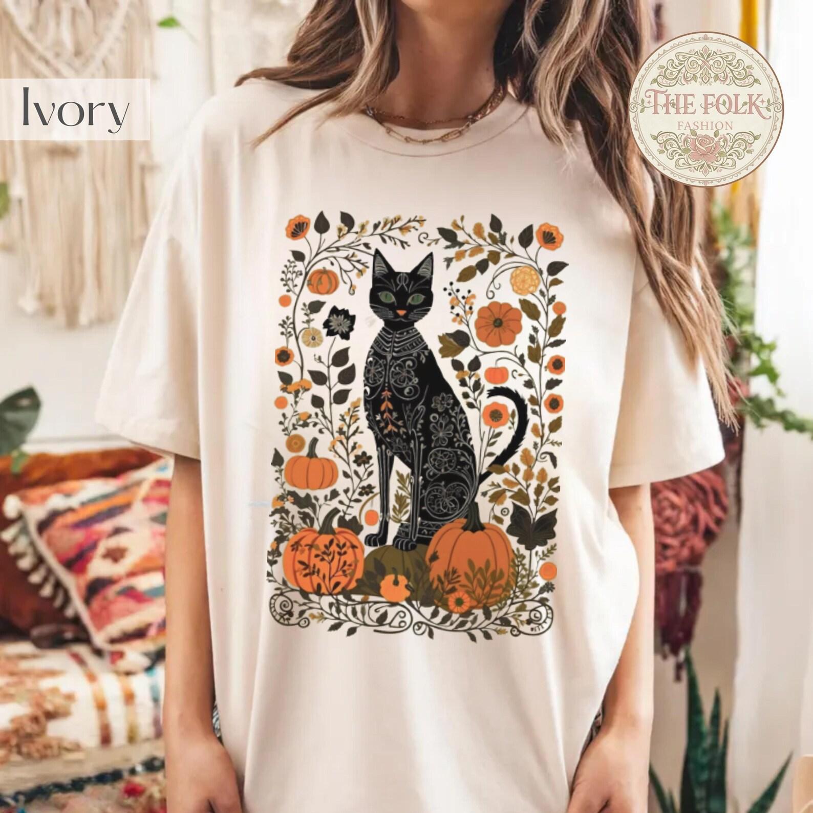 Vintage Black Cat Pumpkin Shirt, Folk Art Halloween Cat Tee, Aesthetic Fall Floral Graphic Tshirt, Spooky Season Cat Lover Gift S