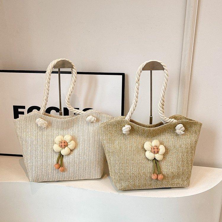 Summer Women Straw Woven Shoulder Bag Straw Bag Flower Embroidery Beach Handbags Casual Ladies Large Capacity Totes Pouch