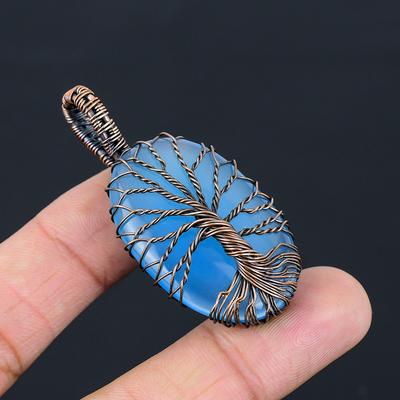 Tree Of Life Blue Chalcedony Gemstone Pure Copper Wire Wrapped Handmade Pendant Jewelry
