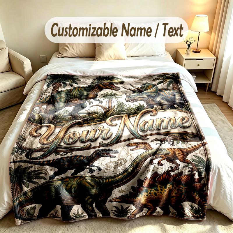Dinosaur Theme Custom Blanket Personalized Name & Text Customized Soft Warm Throw Blanket Home Decor