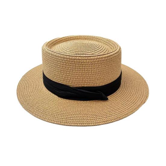 Flat Straw Hat Natural Straw Weaving Wide Brim Sun Hat Summer Beach Sun Protection Hat with Ribbon Bow