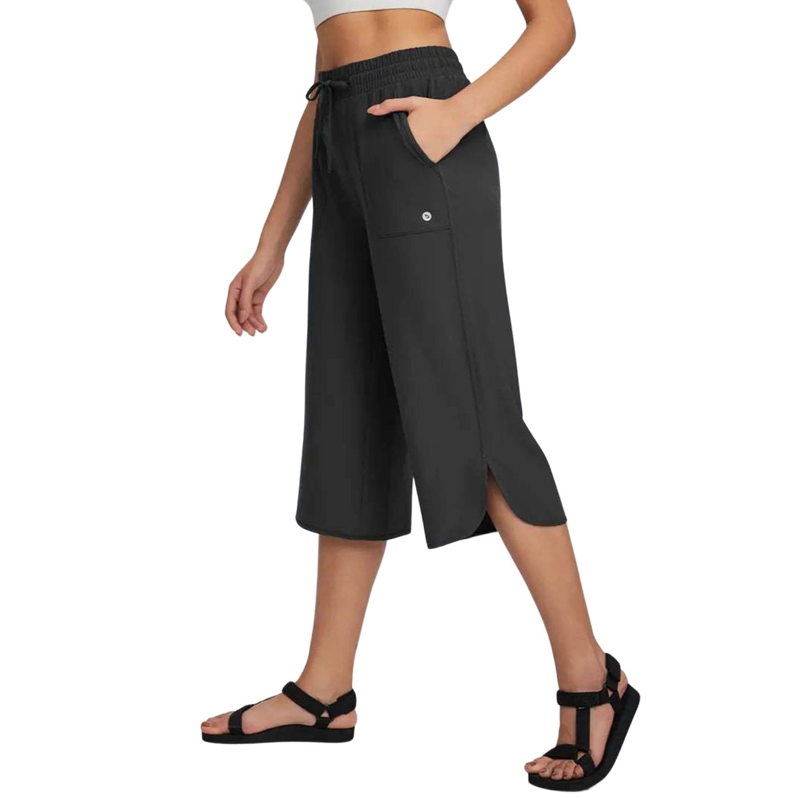 

Women s Elastic Waist Wide Leg Cropped Pants Casual Loose Fit Stretchy Waistband Lightweight Fabric Comfortable Fit L чёрный