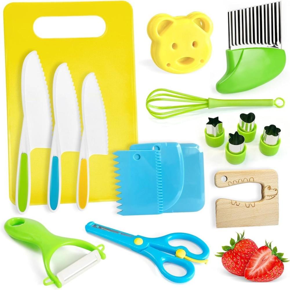 

17 Pcs Wooden Kids Kitchen Knives - Toddler Safe Knife Set, Montessori Kitchen Tool Set For Real Cooking With Plastic Knife/Kids Cutting Board/Peeler