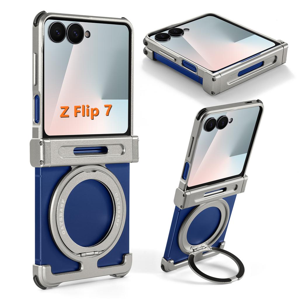 Oatsbasf Metal Frameless Phone Case for Samsung Galaxy Z Flip 7 with 360° Rotatable Stand Magnetic Shockproof Protective Cover