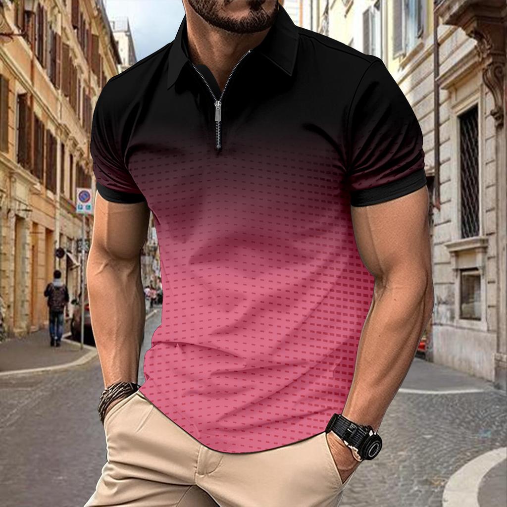 Trendy gradient short-sleeve zip polo, casual men's top.