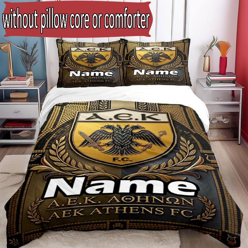 3pcs Duvet Cover Set (1*Duvet Cover + 2*Pillowcase, Without Core), Custom Name AEK Athens FC Pattern Bedding Set, Home Bedroom Decor Gift