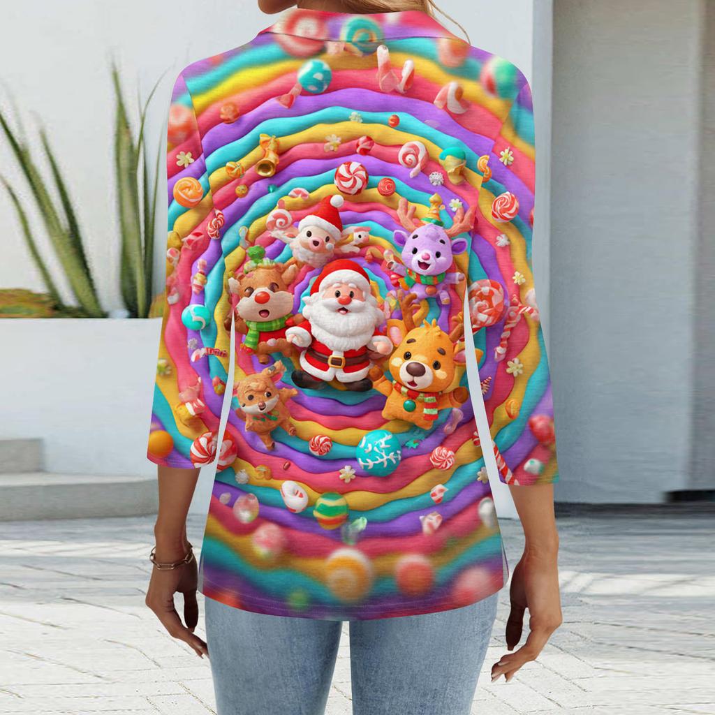 Women's Fashion Casual Button 3/4 Sleeve Vintage  Print Lapel Top