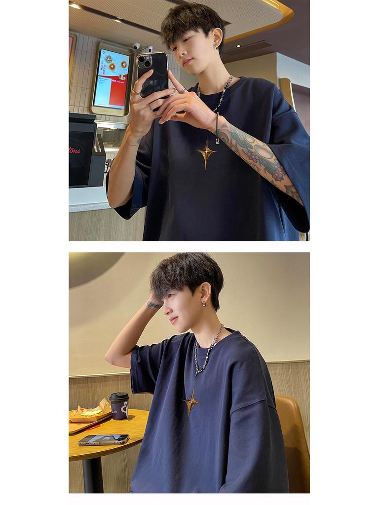 Men's 2023 Summer Seven-Sleeve Pure Cotton T-Shirt - White Trendy American Heavyweight Design