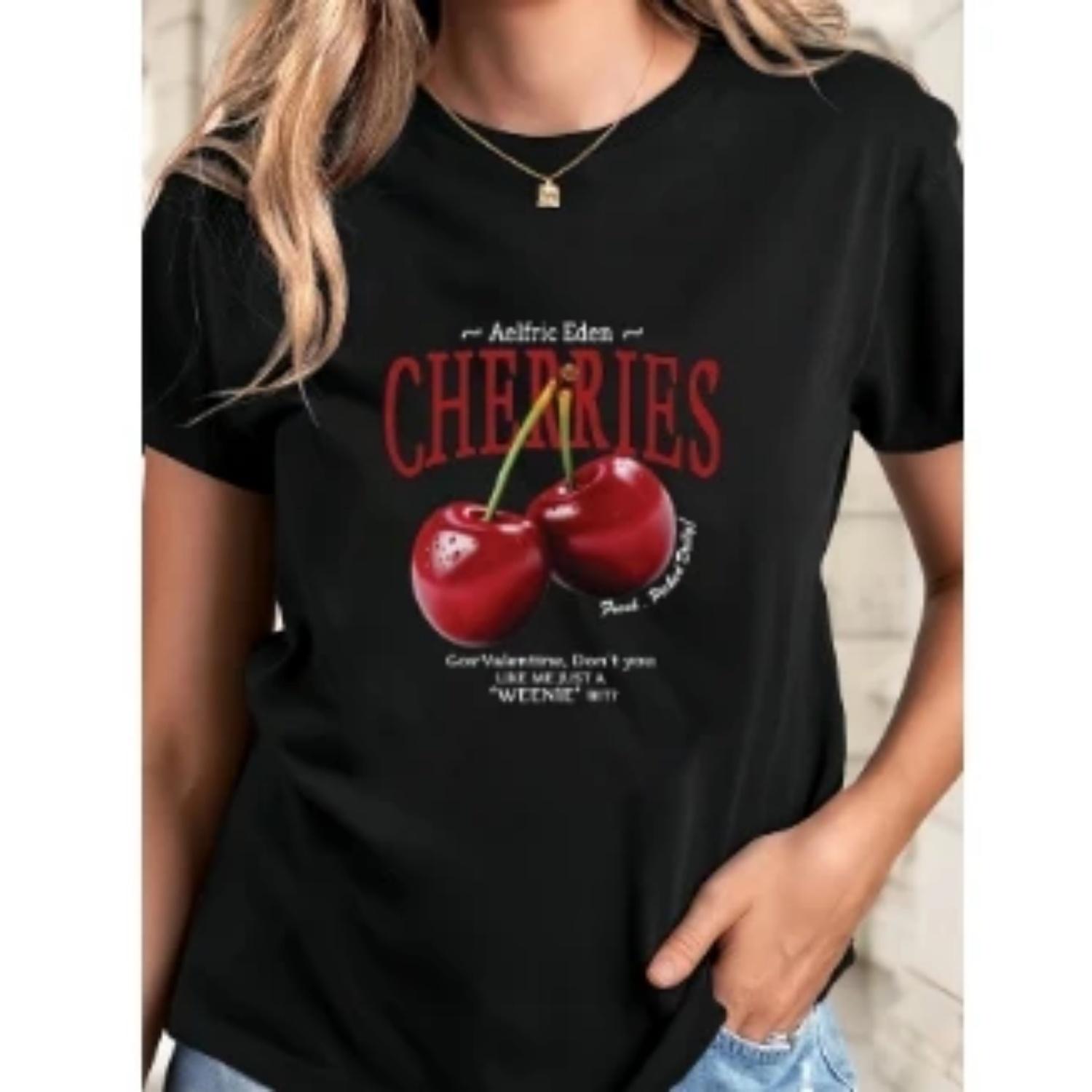 Short Sleeve Stretch Fit Spring Summer Fall Fashion Top Women S Casual Crew Neck T-Shirt with Cherry Print S чёрный