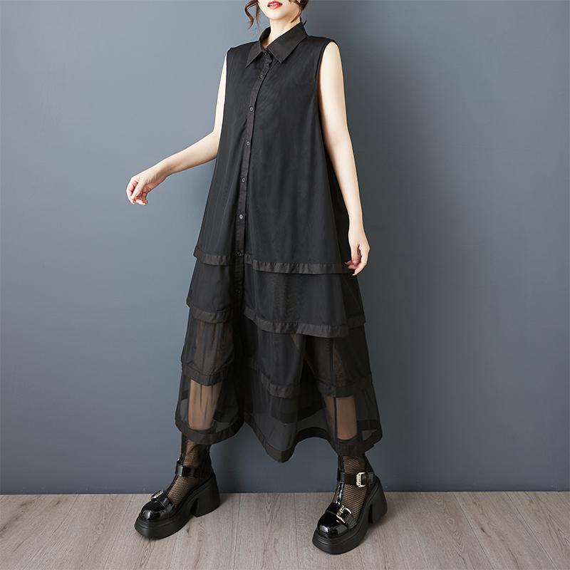 DIMANAF New 2025 Plus Size Summer Dress Women Lace Vintage Casual Buttons Sleeveless Loose Dress Maxi