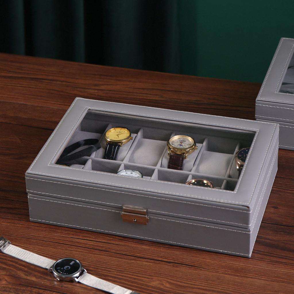 1pc PU Leather Watch Box with Lock, Large Capacity Watch Storage Box, Watch Display Box, with Transparent Cover, Velvet Lining