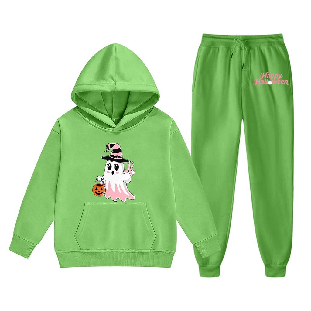 Kids Halloween Hoodie and Pants Set Ghost Print Hooded Sweatshirt and Matching Bottoms Comfortable Casual Outfit for Boys and Girls
