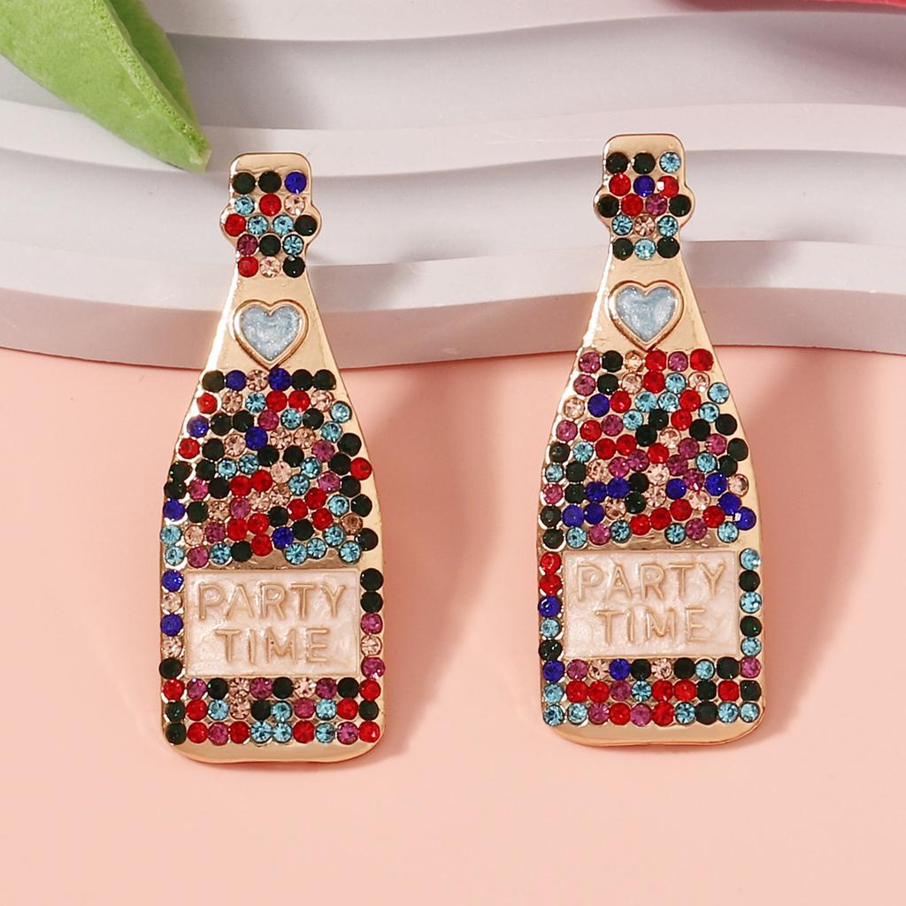European and American New Fashion Personalized Small Fragrant Wind Geometric Wine Bottle Alloy Dripping Oil Love Diamond Pearl Earrings