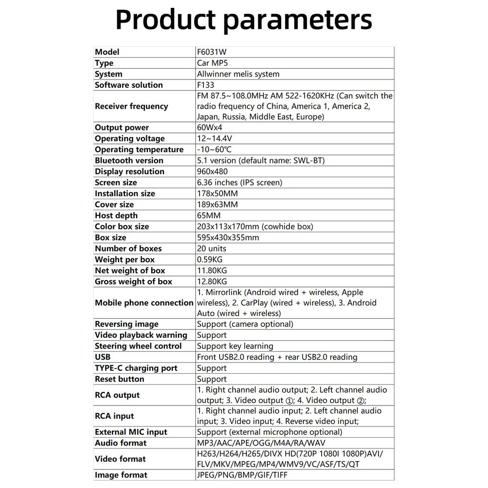 6.36 Inch Car Stereo BT MP5 Player RDS Radio Support HandsFree Calling UDiskAUXin Phone