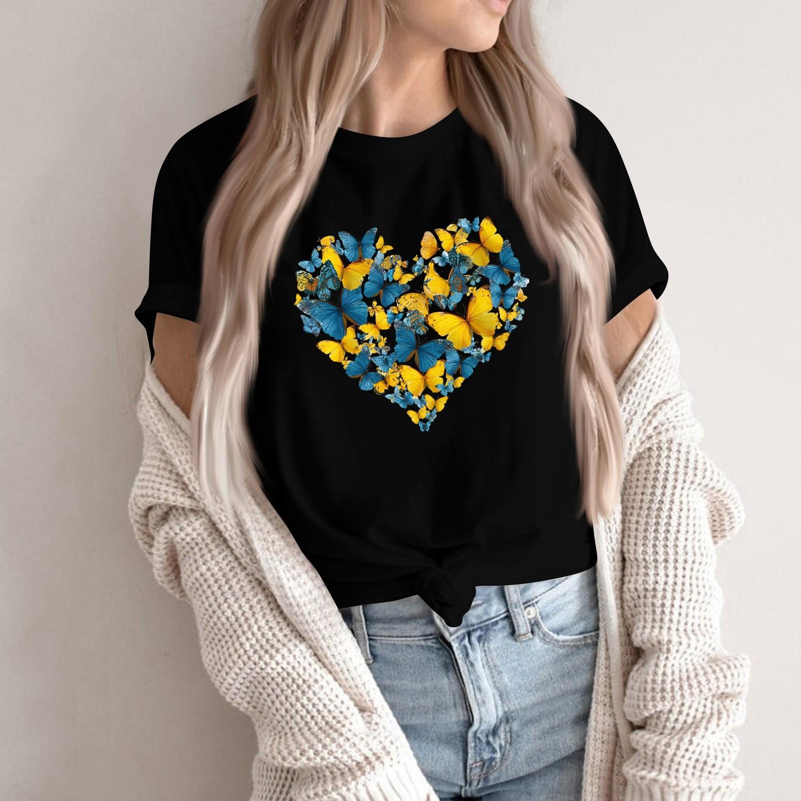 

Женская модная повседневная футболка-пуловер с принтом, круглым вырезом и короткими рукавами L чёрный