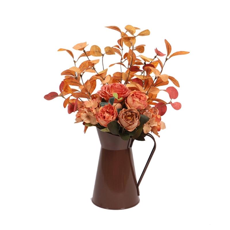 

Искусственный цветок розы в железном ведре Искусственное растение с листьями Декорация для центра стола на День Благодарения для свадьбы 1