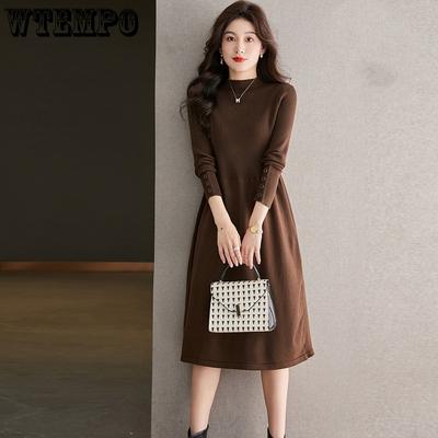 Waist-cinching Knitted Dress for Women Solid Color Casual Mid-length Sweater A-line Sweater Dress for Autumn and Winter