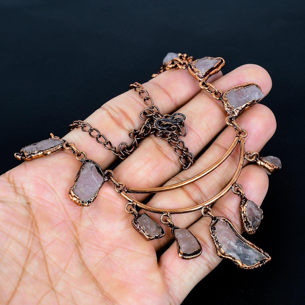 Rose Quartz Handmade Latest Design Jewelry Necklace, Copper Electroformed Gemstone Necklace, Gift For Mother