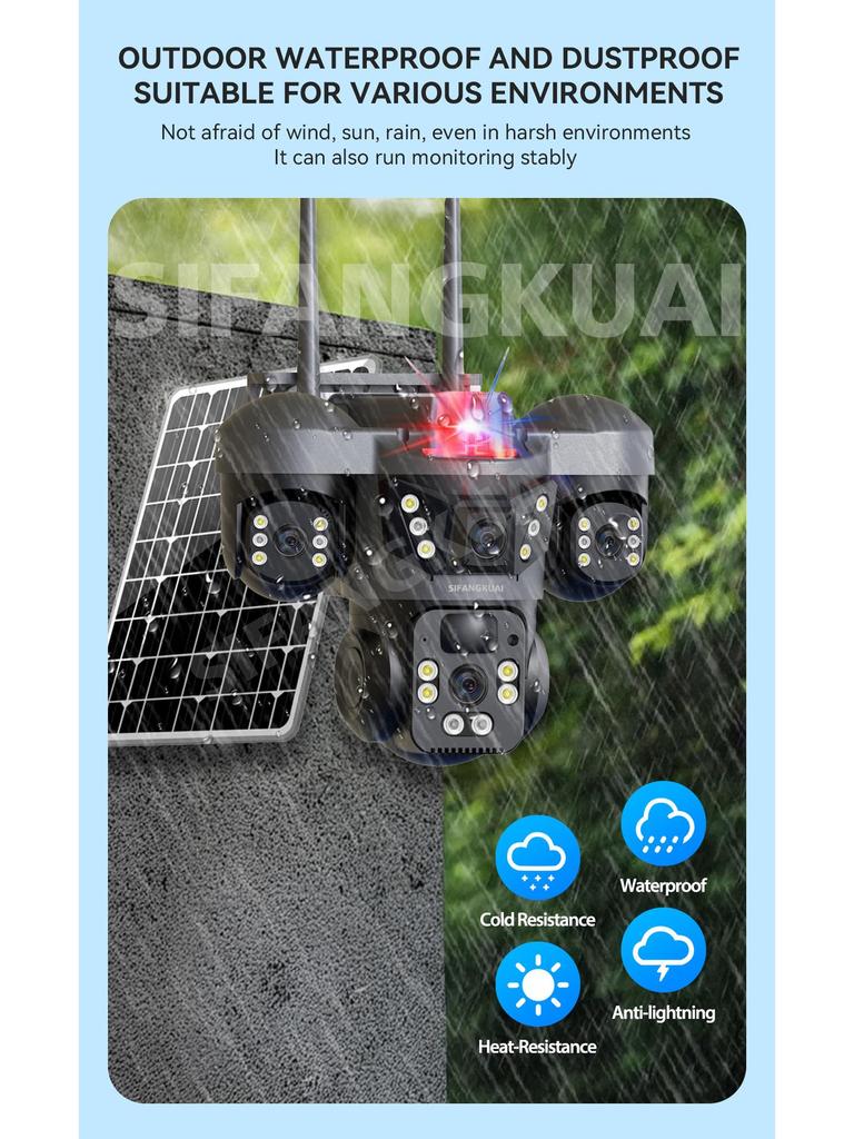 V380 Solar-Powered 4G Three-Lens Security Camera with Mobile Remote Monitor