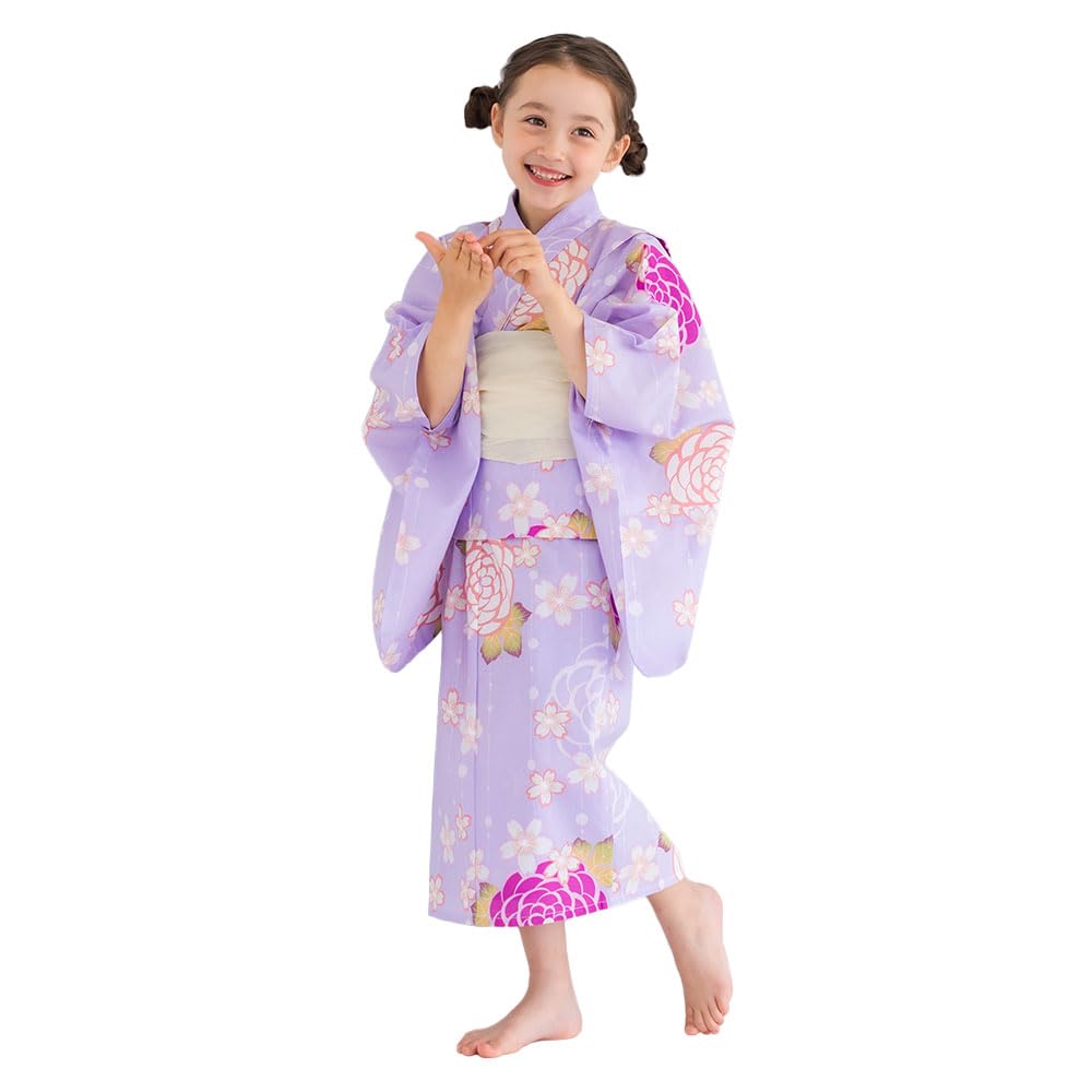 Kimono Cafe Yukata Set with Cherry and Morning Glory Designs in and Available in Sizes and Suitable for Preschoolers and Chrysanthemum Girls' 2-Piece