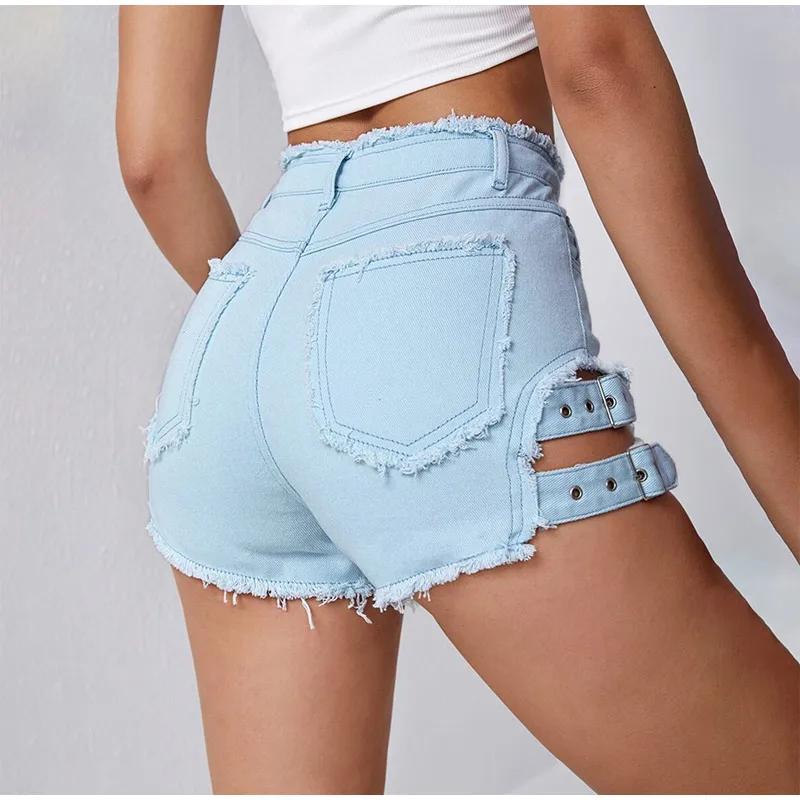 Summer Women Denim Shorts with Frayed Hem Buckle Straps Y2K Fashion Trendy Cut Out Jeans Shorts