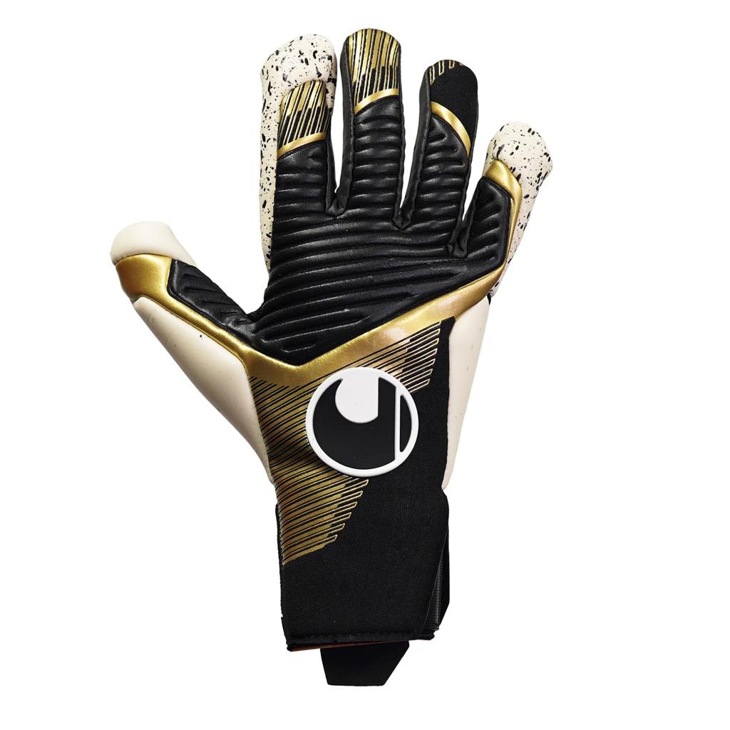 uhlsport Match Soccer GK Keeper Gloves Powerline Elite Flex Cut HN 1013014 01 8 Black x Gold x White