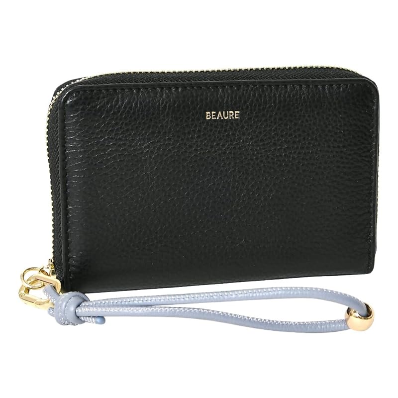 

[BEAURE] [Vuret] B-24097 genuine leather short wallet middle wallet round zipper bi-fold with hand strap ladies black