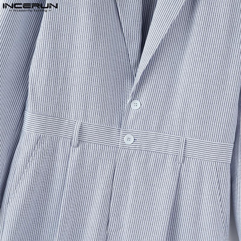 INCERUN Oversized Men Lapel Neck Long Sleeve Striped Loose Long Rompers Jumpsuits