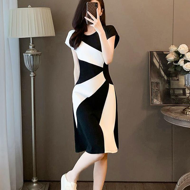 Estate Elegante Moda Patchwork Midi Vestido Donna Temperamento Manica Corta A-line Abito Signore Casual Vita Slim