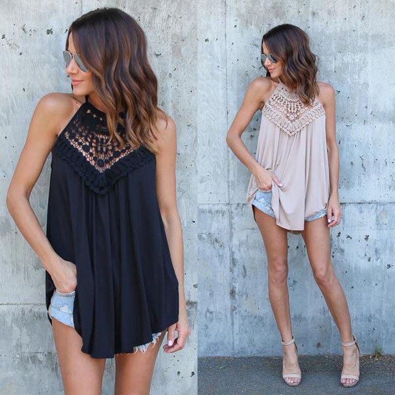 European Style Loose Fit Sleeveless Cotton T Shirt With Lace Splicing For Casual Women