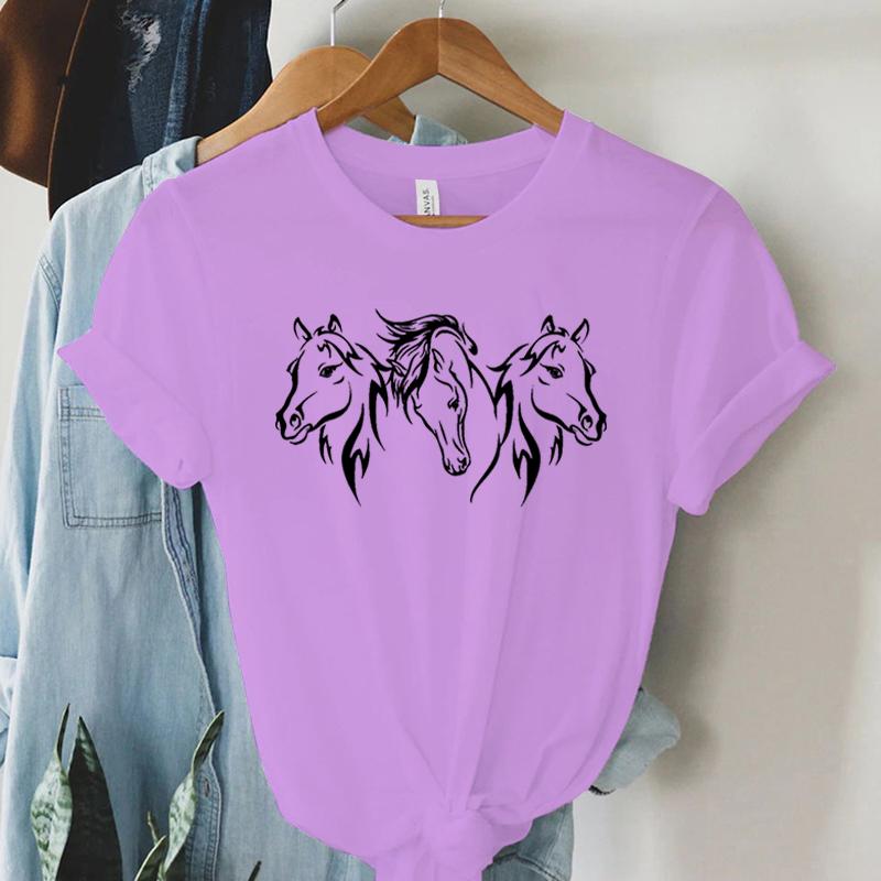Harajuku Mode T-Shirt Druck Weiß Schwarz Pferd Grafik Damen T-Shirt Kurzarm Weiblich Sommer Pferd Lässig Locker T-Shirt