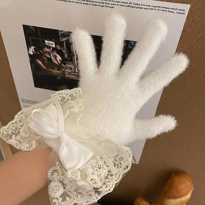 Lolita Winter Warm Knitted Full Finger Gloves Women's Ribbon Ties Lace Gloves Lady Thickened Fleece Woolen Mittens Warm