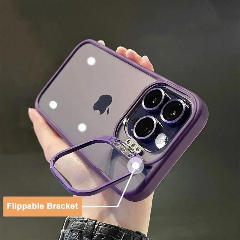 Luxury Bracket Transparent Phone Case For iPhone 17 15 16 14 13 12 Pro Max With Holder Camera Lens Protector Shockproof Cover