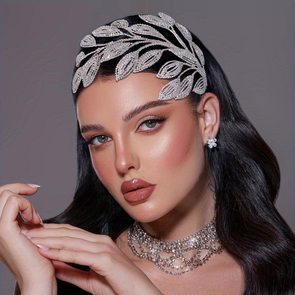 1PC Elegant Handcrafted Braided Headpiece with Sparkling Rhinestones - Leaf-Inspired Design for Bridal and Special Occasions