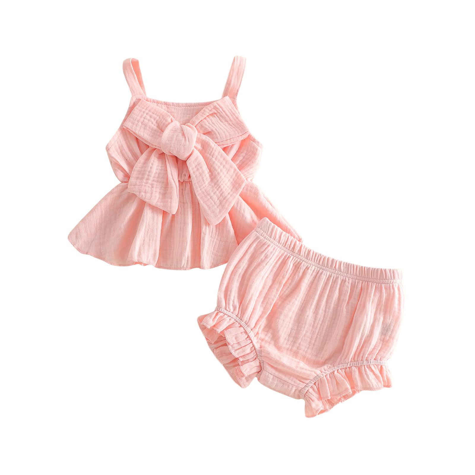 Toddler Girls Floral Print Sleeveless Top and Ruffled Shorts Set with Bow Detail - Pink Summer Outfit for Baby Girl 0-3 Months