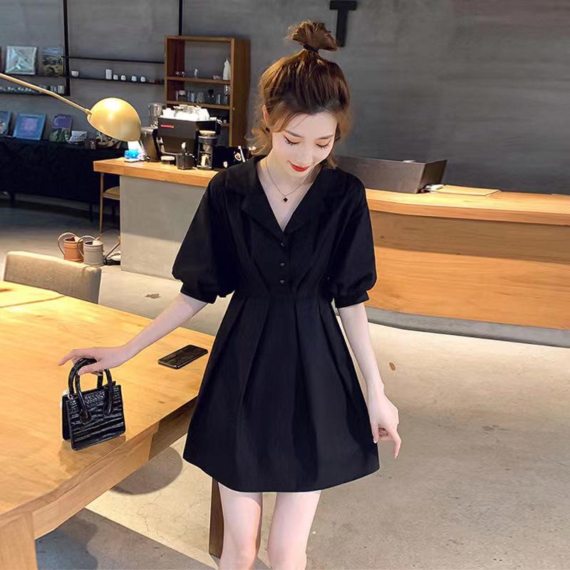 

Summer 2024 French Retro Black Dress: Women s Suit Collar, Waist-Slimming Design M чорний