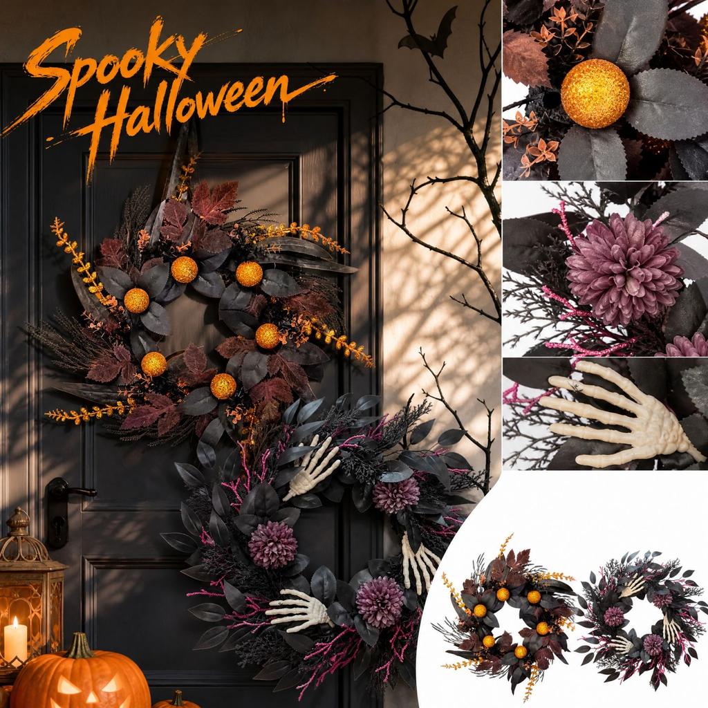 Halloween-Kranz Hängedekoration mit Skelett und Design, Tür- und Wandkranz-Ornament für Halloween-Party-Deko