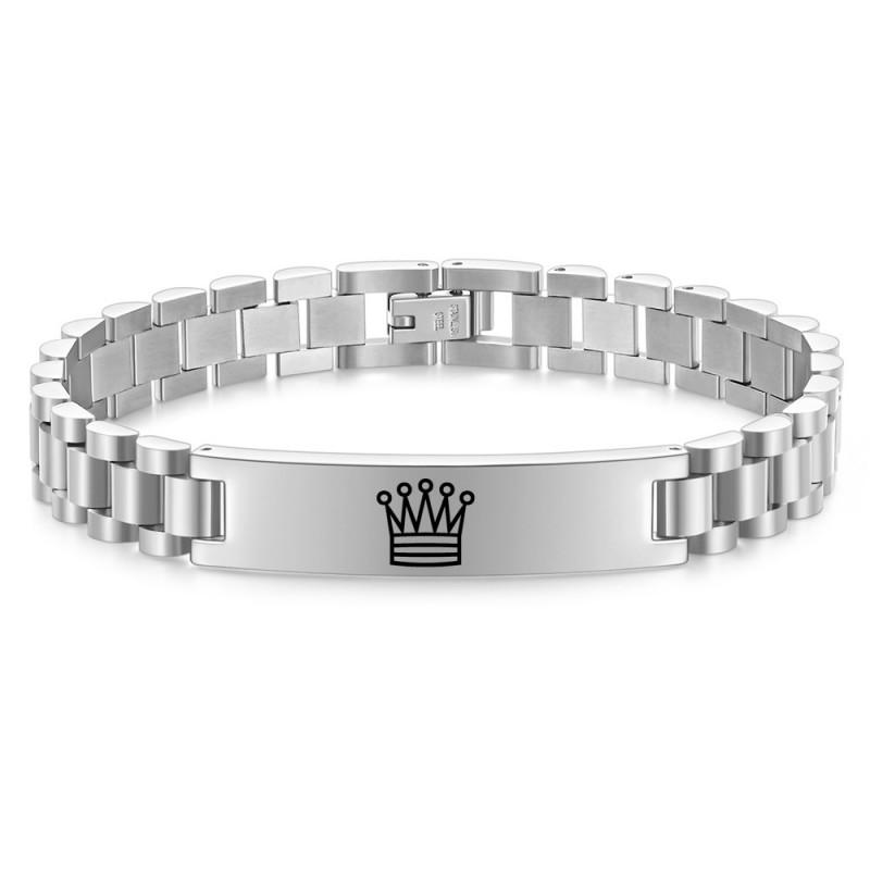 Stainless Steel Mens Geometric Crown Engraved Bracelet Travel Gift Gold Two-Tone Black Finish Silver Crown