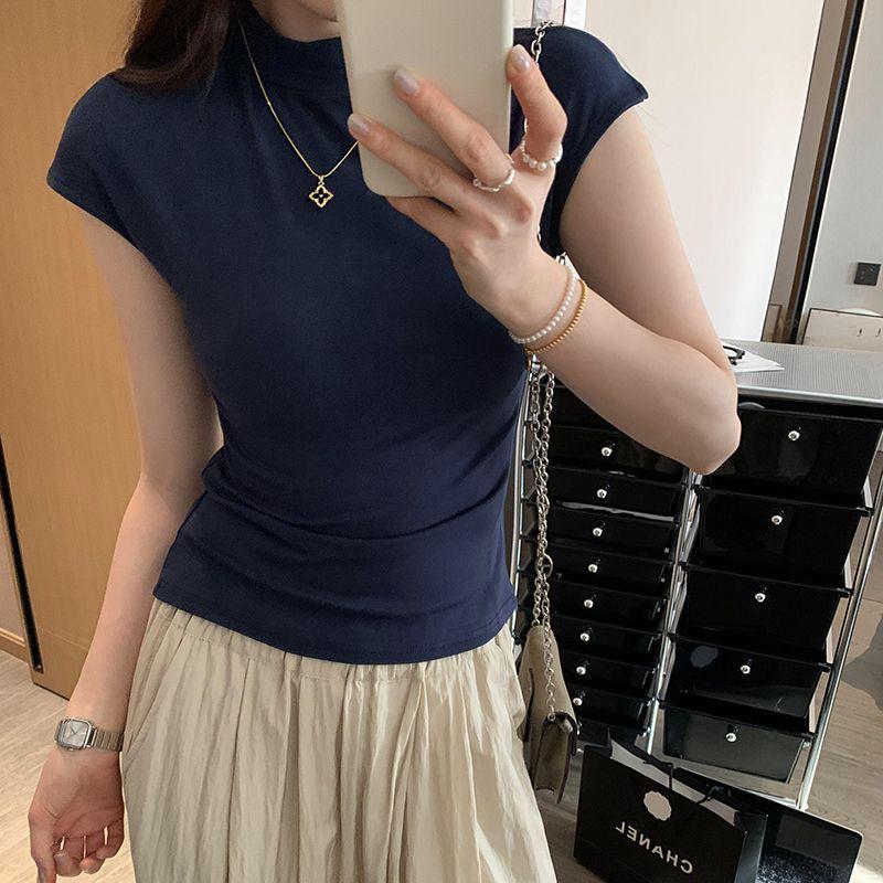 Kumikumi Design Sense Solid Slim fit Short sleeve T-shirt Women Summer New Niche Temperament Slimming Versatile Top