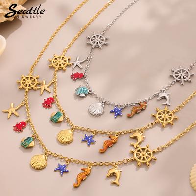 316 Edelstahl Vergoldet Kirschherz Halskette Damen Rot Blau Emaille Seestern Seepferdchen Anhänger Halskette Mode Zirkon