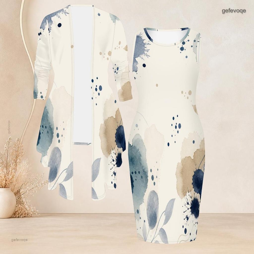 Women Plus Size Two Piece Set Printed Sleeveless Bodycon Dress 3 4 Sleeve Draped Cardigan