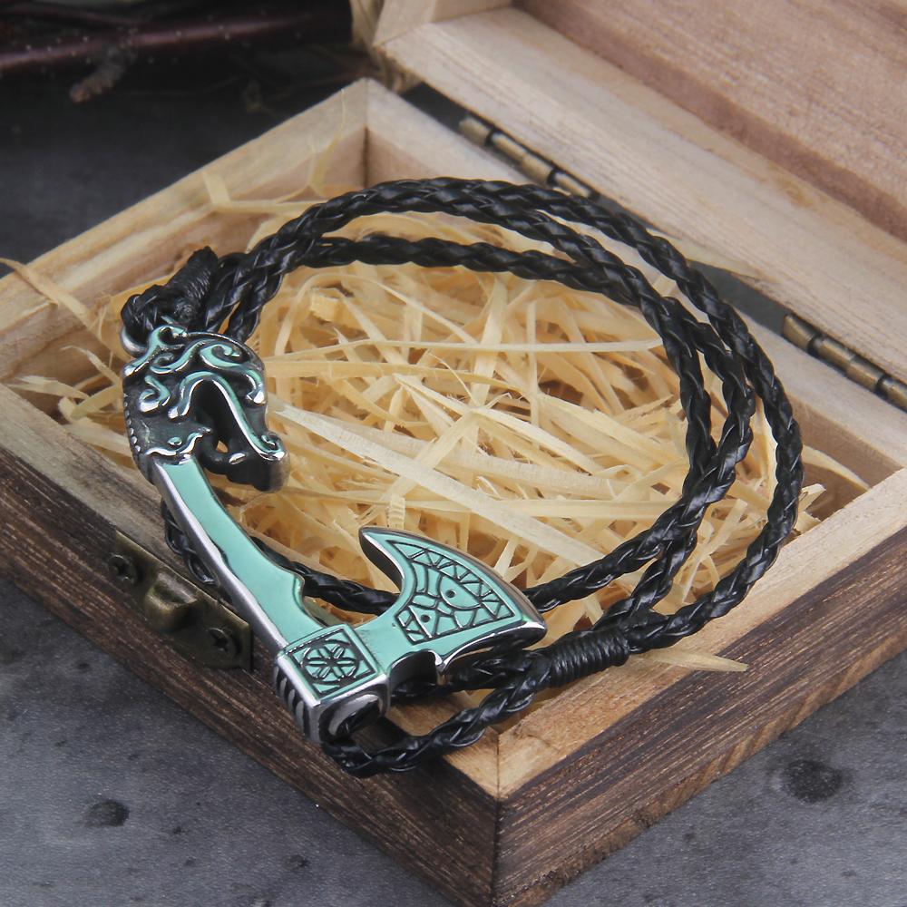 Viking Valknut Axe Leather Bracelet for Men Women Nordic Jewelry Gift with Wooden Box