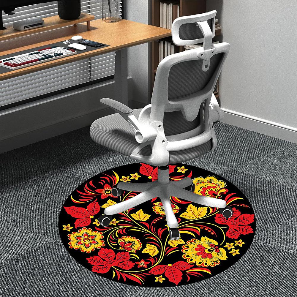 1pc Red Yellow Floral Pattern Carpet, Round Non Slip Durable Large Size Office Carpet, Suitable for Office