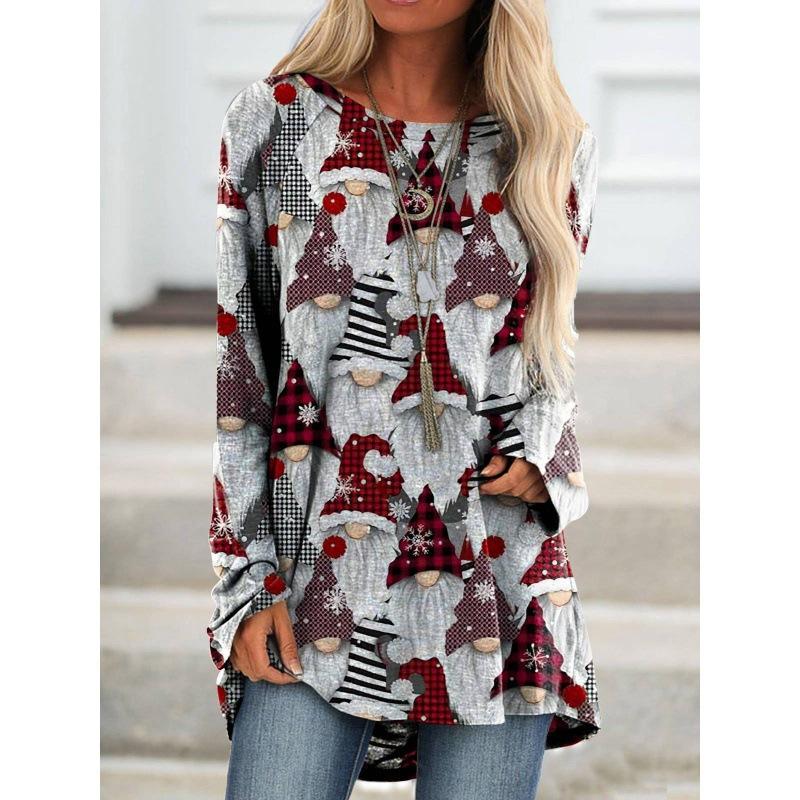 Christmas Gift 3D Printed Long Sleeved T-shirt for Women, Fashionable New Year Round Neck Top