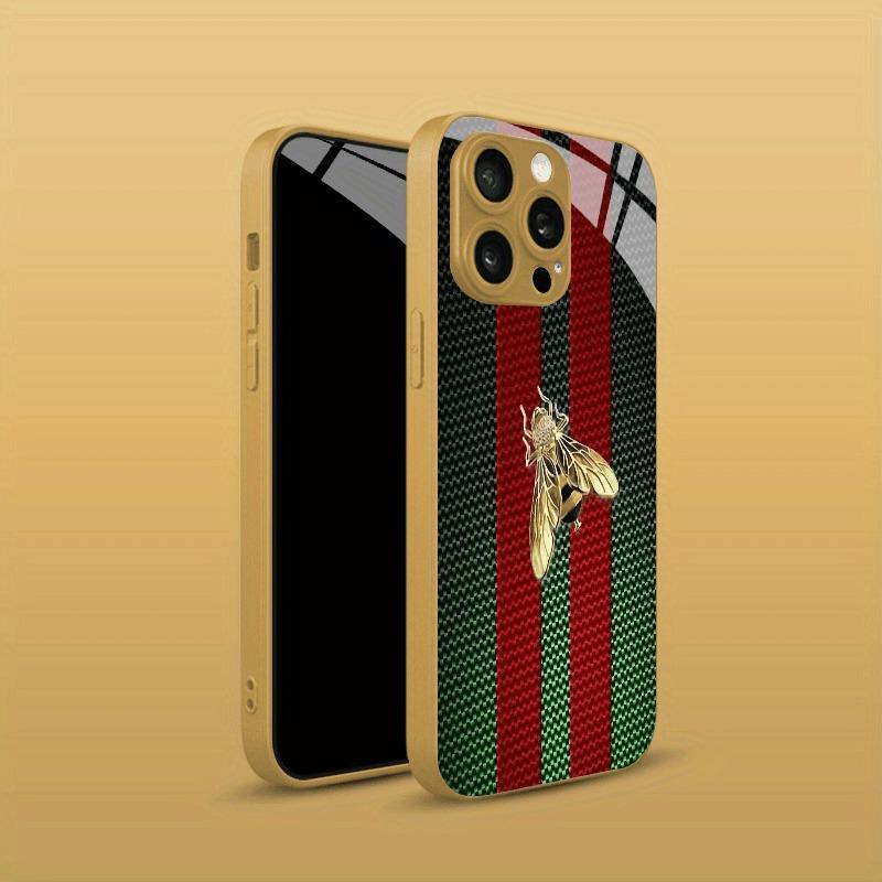 Red Green Striped Golden Bee Gold Metallic Paint Glass Phone Case For iPhone 17 Pro Max 11 12 13 14 15 16 Plus 17Air 16E Cover