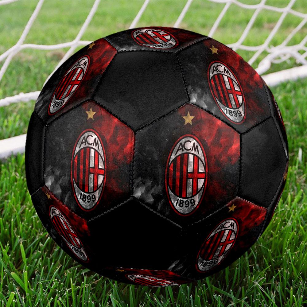 AC Milan logo Size 5 Soccer Ball, Machine-Stitched PVC, Durable & High Bounce, All Ages Fit, fan merchandise, matches & outdoor use.