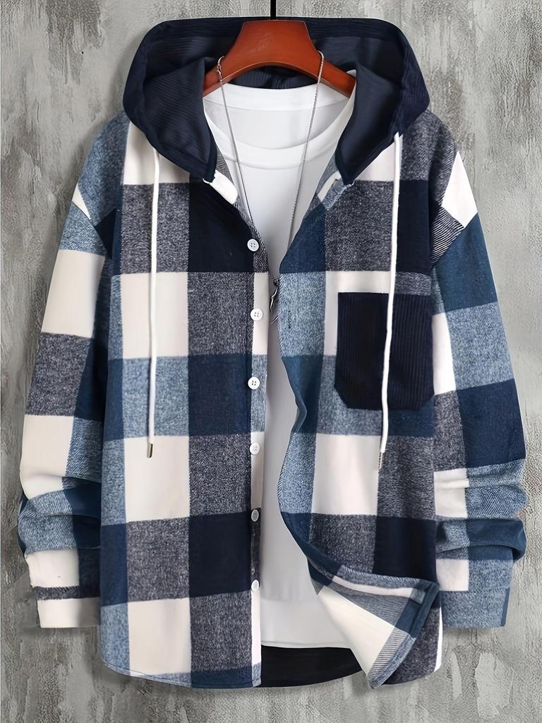 Men's Hooded Plaid Long Sleeve Thickened Cotton Shirt - Cold Resistant for Autumn/Winter 2025
