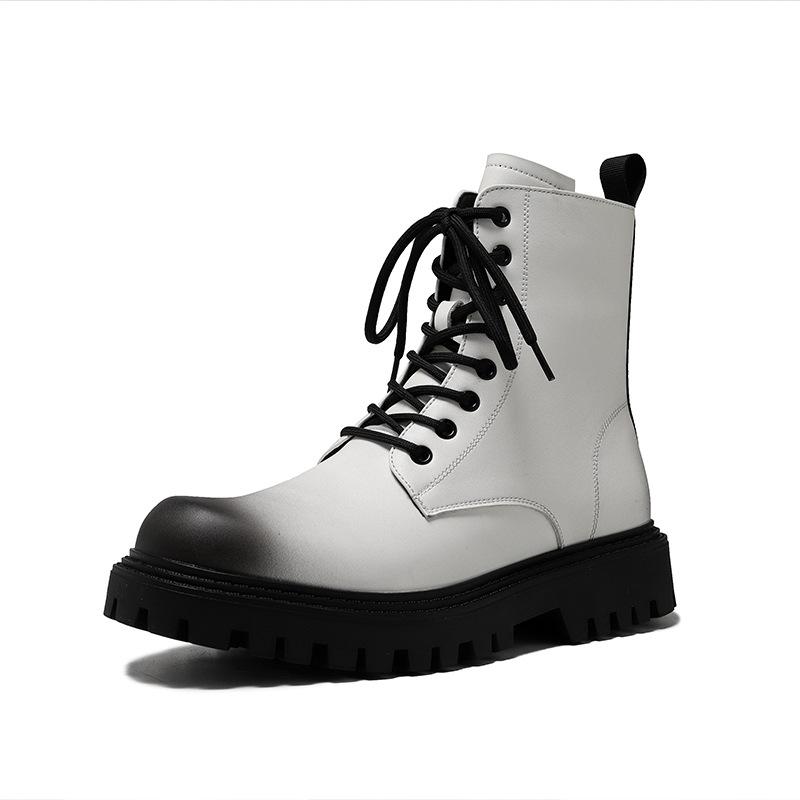 Fashion Men Luxury Fashion Genuine Leather Boots Black White  Designer Shoes Stage Nightclub Motorcycle Boot High Platform Botas